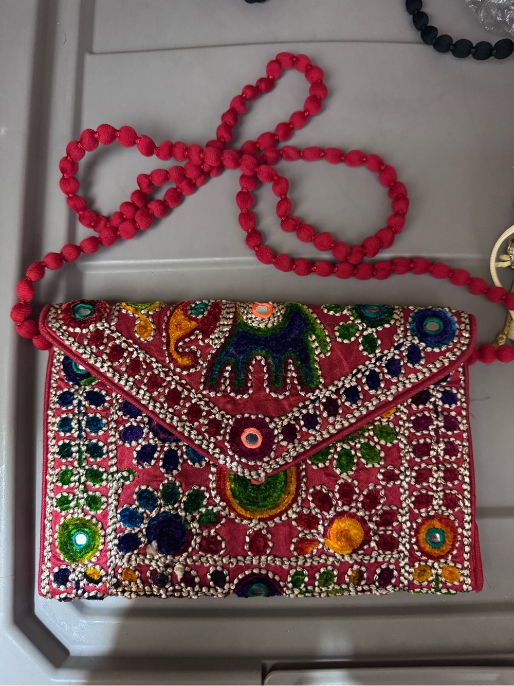 Ethnic Indian Wear Pink Embroidered Mirrorwork Clutch with Beaded Strap